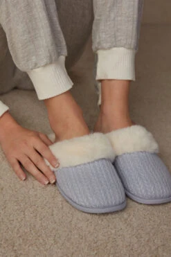 Corduroy And Faux Fur Slippers