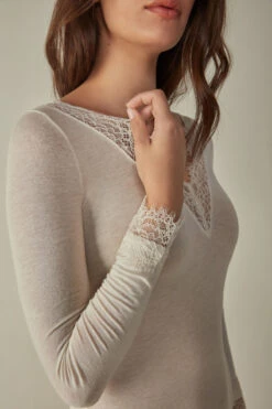 Modal Cashmere Ultralight Long Lace Shirt -INTIMISSIMI Sales CLD28P231I DT2W