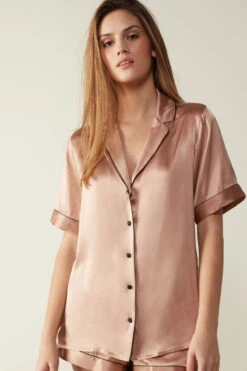 Short-Sleeved Satin Shirt With Contrasting Trim