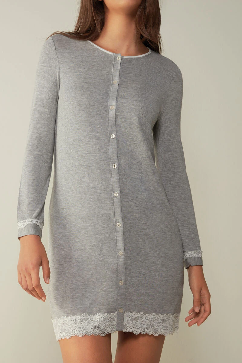 Button-Front Nightdress With Lace Detail 3 Button-Front Nightdress With Lace Detail